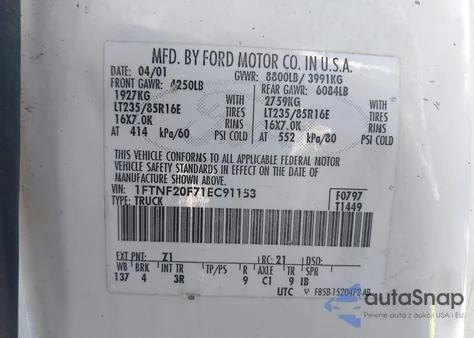 2001 Ford F-250 Xl/Xlt из США, поврежденный, VIN 1FTNF20F71EC91153